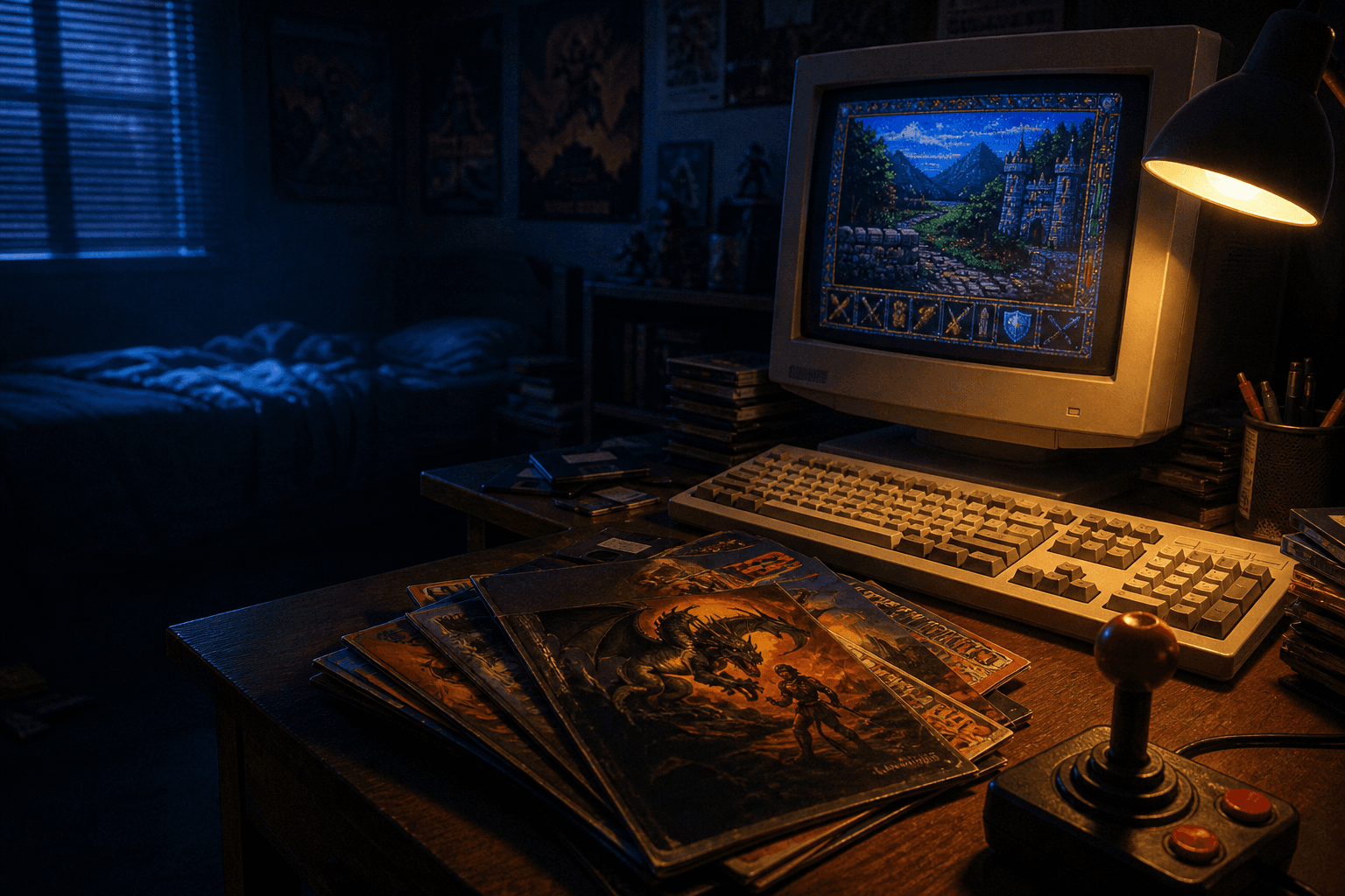 A late-night desk with a CRT monitor, a joystick and a stack of vintage gaming magazines
