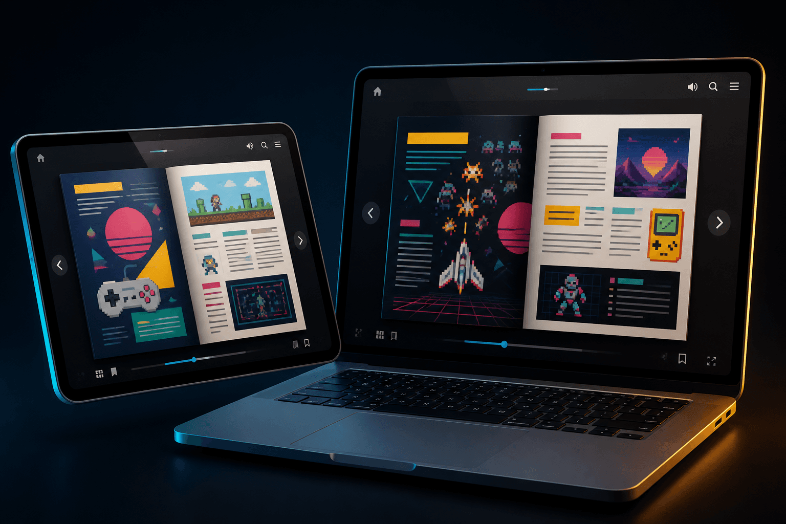 The Pixel Press reader shown on a laptop and a tablet